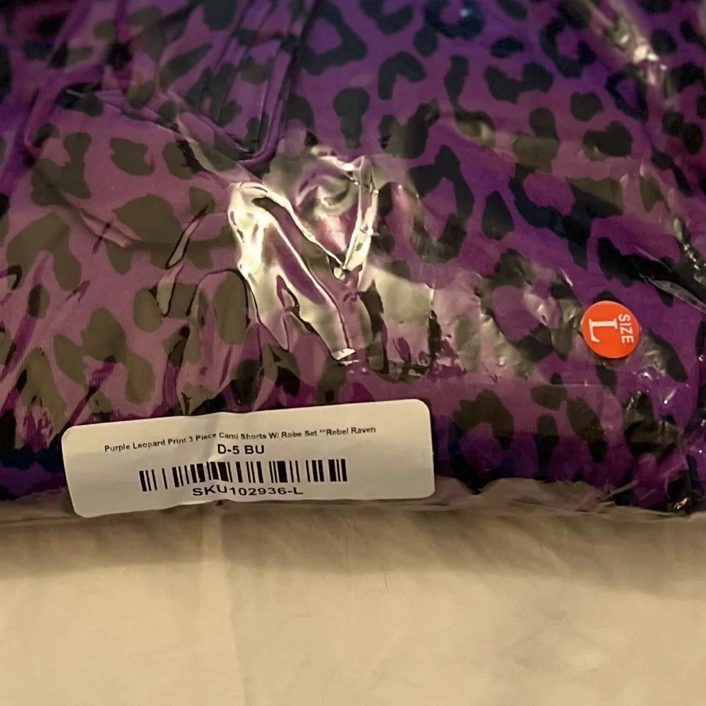 NWT Rebel Raven Purple Leopard Print 3 Piece Cami Shorts W/ Robe Set - Picture 3 of 7